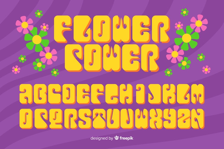 Vector Gratis flower power alphabet in 60's style
