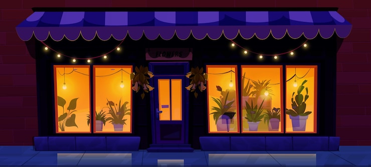 Vector Gratis flower shop facade in night city street vector cartoon illustration of urban floral boutique gift storefront with illuminated windows and garlands striped tent above door flowerpots on shelf