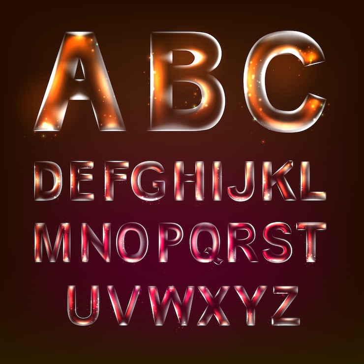Vector Gratis font alphabet symbols in style of transparent glass