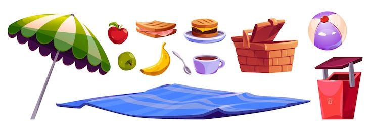 Vector Gratis food and equipment for picnic in park and openair holidays cartoon vector illustration of fast meals ready to eat sandwiches and fruits wicker basket and inflatable ball beach umbrella and rug