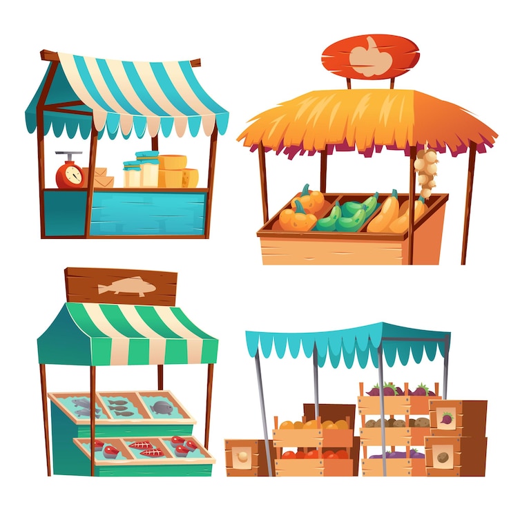 Vector Gratis food market stalls with vegetables, cheese and fish on counter and in crates