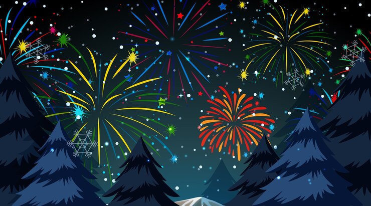 Vector Gratis forest with celebration fireworks scene