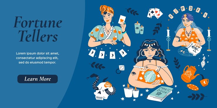 Vector Gratis fortune tellers flat web site with female characters looking through crystal ball reading runes and cards vector illustration