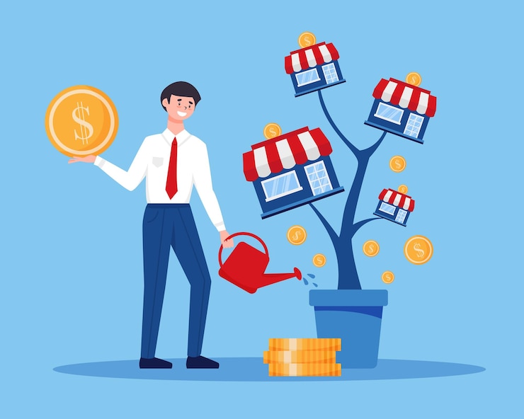 Vector Gratis franchise business tree square composition with character of male businessman watering money tree with coins storefronts vector illustration