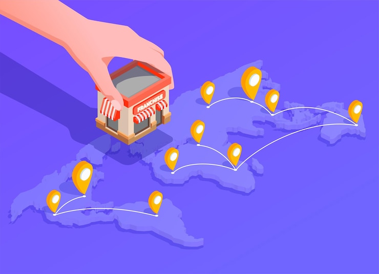 Vector Gratis franchise isometric illustration with location and finance illustration