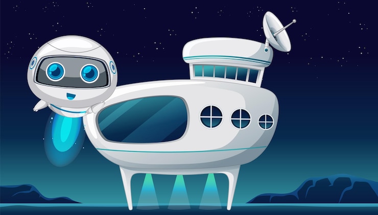 Vector Gratis friendly robot and spaceship at night