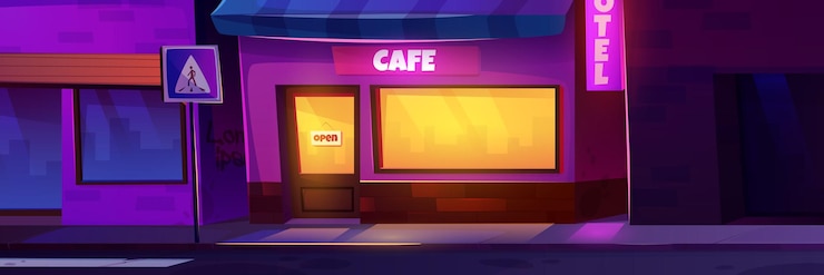 Vector Gratis front outside cafe facade at night background