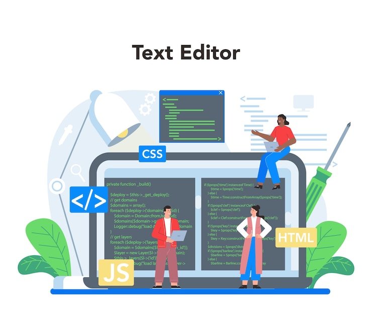 Vector Gratis frontend development online service or platform website interface design improvement web page programming coding and testing online text editor isolated flat vector illustration