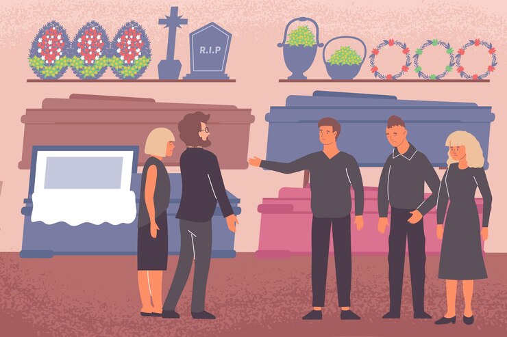 Vector Gratis funeral shop composition with indoor view of burial store with eternity boxes graves and flower wreaths illustration