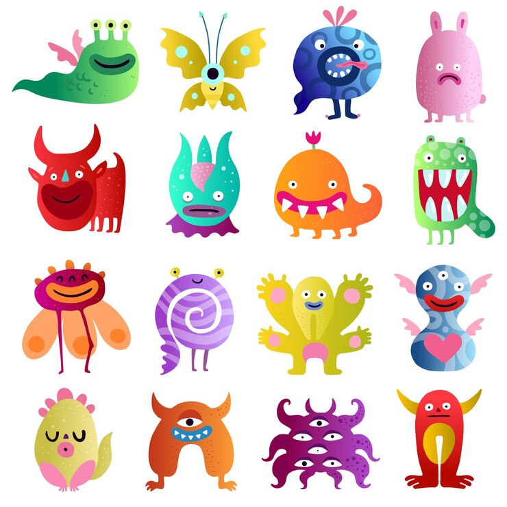 Vector Gratis funny monsters big colorful collection with bull scared plant peanut in love  spiral creatures isolated