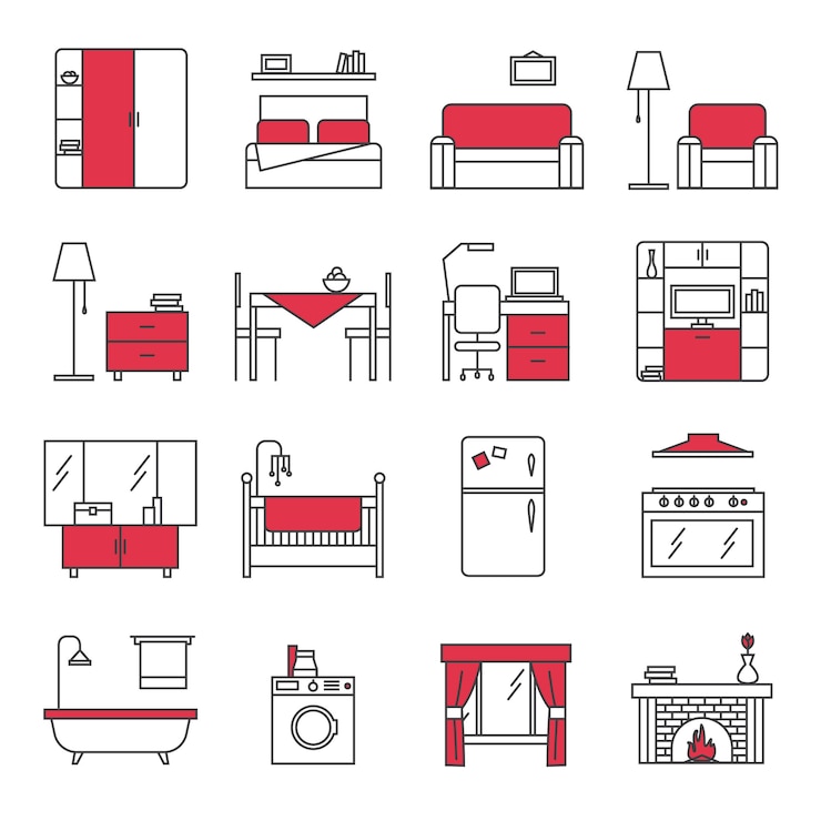 Vector Gratis  furniture line icons set 