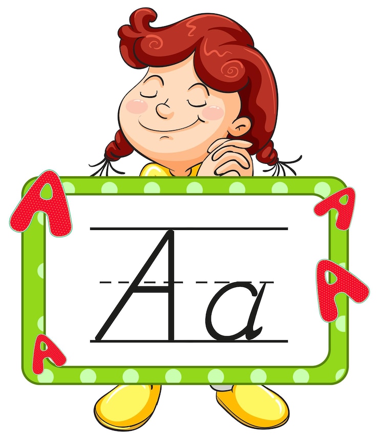 Vector Gratis gadis bahagia dan flashcard alfabet untuk huruf a