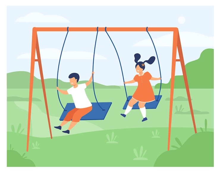 Vector Gratis gadis dan anak laki-laki lucu berayun dan menikmati liburan, ilustrasi vektor datar terisolasi. teman-teman kartun bahagia bermain di taman bermain.