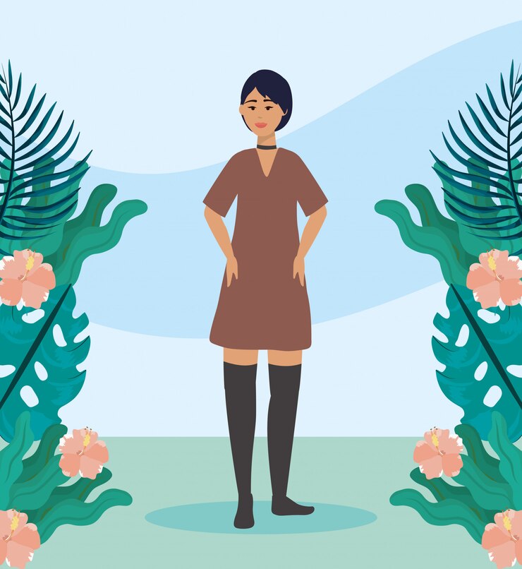 Vector Gratis gadis dengan gaun pakaian kasual dan gaya rambut