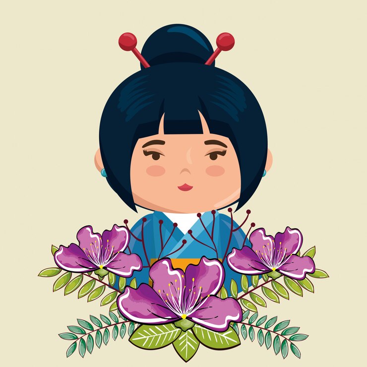 Vector Gratis gadis jepang kecil kawaii dengan karakter bunga