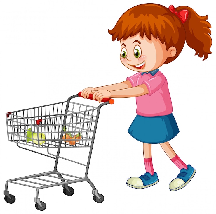 Vector Gratis gadis mendorong troli belanja dengan bahan makanan