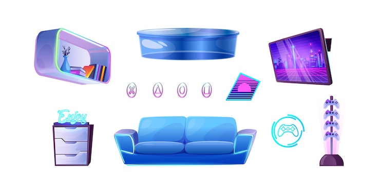 Vector Gratis game room furniture and electronic equipment for esport and stream cartoon vector illustration sofa and cabinet glass table and stand with gamepad shelf and tv glowing neon signs and elements