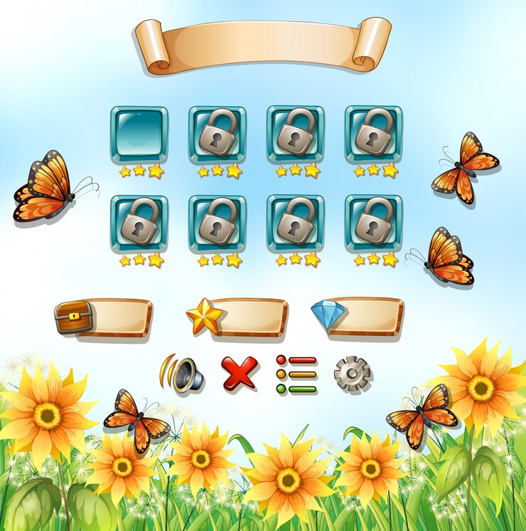 Vector Gratis game template with butterflies in the garden