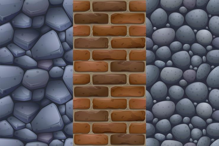 Vector Gratis game texture stones, pebbles and brick wall seamless pattern, cartoon background of rock road or floor, cobble pavement material textured surface, graphic design templates, vector illustration