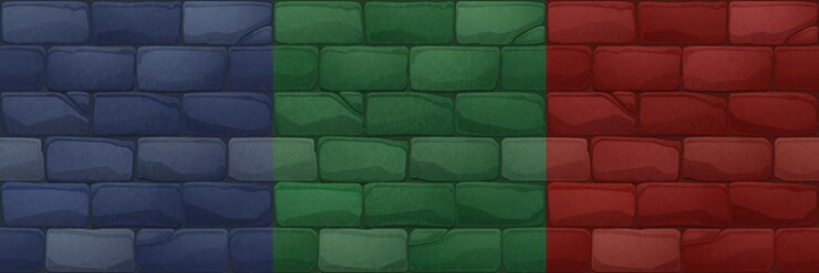 Vector Gratis game textures of brick wall building facade with red green and blue stone blocks vector cartoon seamless patterns of brickwork vintage masonry for house exterior or pavement