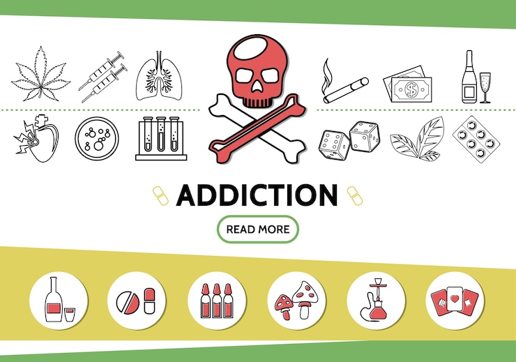 Vector Gratis garis ikon kebiasaan buruk diatur dengan tengkorak ganja daun tembakau jarum suntik rokok uang dadu obat-obatan