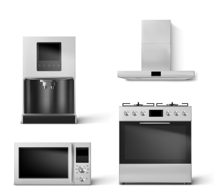 Vector Gratis gas oven, hood, microwave and coffee machine set