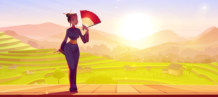 Vector Gratis geisha in kimono and rice field terraces landscape