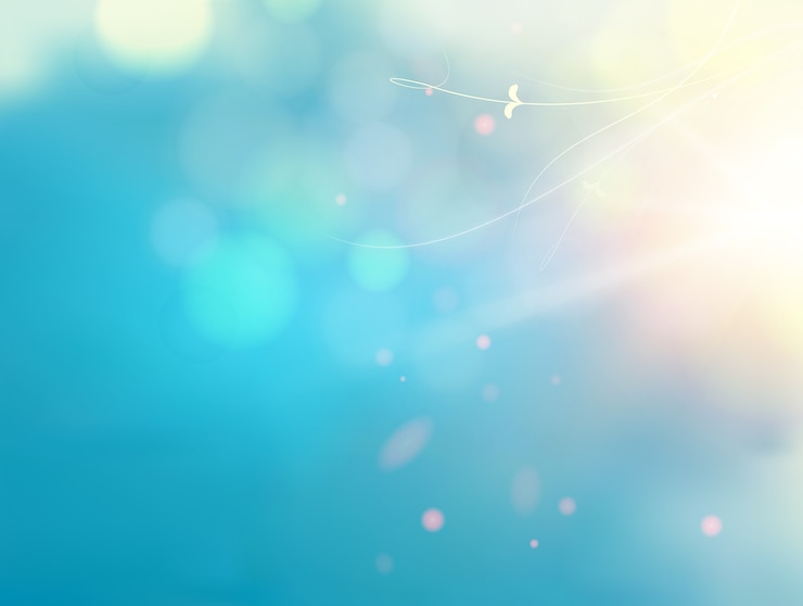 Vector Gratis gelembung bokeh dan cahaya matahari di atas latar belakang biru