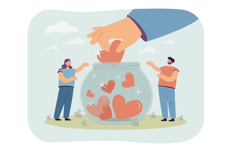 Vector Gratis generous tiny people collecting hearts in jar isolated flat illustration