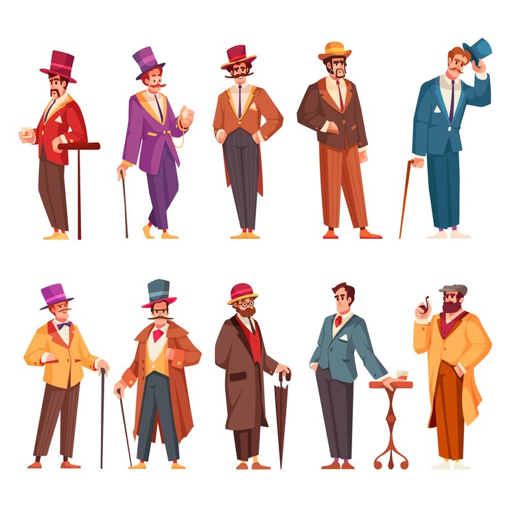 Vector Gratis gentlemen cartoon icons set with male aristocrats in fancy clothes isolated vector illustration