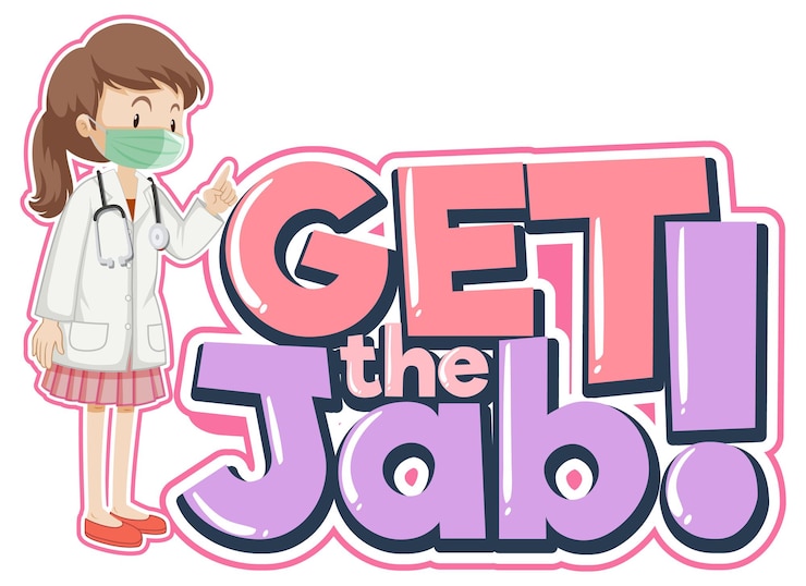 Vector Gratis get the jab font banner with a female doctor cartoon character