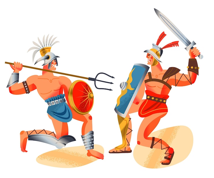 Vector Gratis gladiator kekaisaran romawi kuno bertarung. ilustrasi vektor sejarah dan budaya roma. prajurit berotot dengan perisai senjata dan helm bertarung di arena dengan latar belakang putih