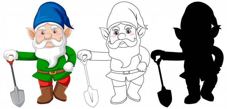 Vector Gratis gnome with shovel in color and outline and silhouette in cartoon character on white background