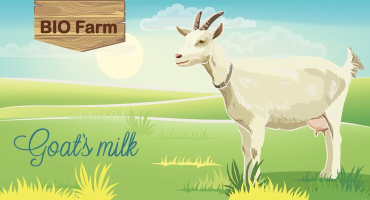 Vector Gratis goat on meadow with sunrise in background. bio farm milk. realistic. 