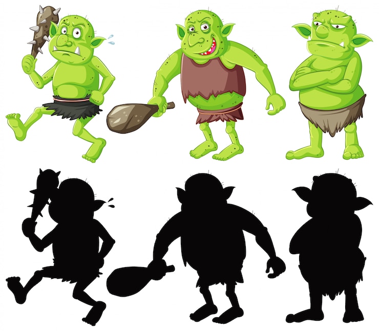 Vector Gratis goblin atau troll memegang alat berburu dalam warna dan siluet dalam karakter kartun dengan latar belakang putih