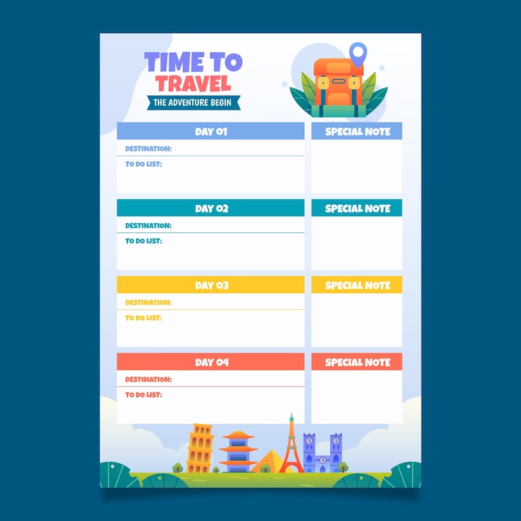 Vector Gratis gradient travel itinerary template with landmarks