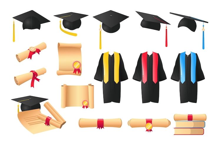 Vector Gratis graduation gown and diploma cartoon illustration set
