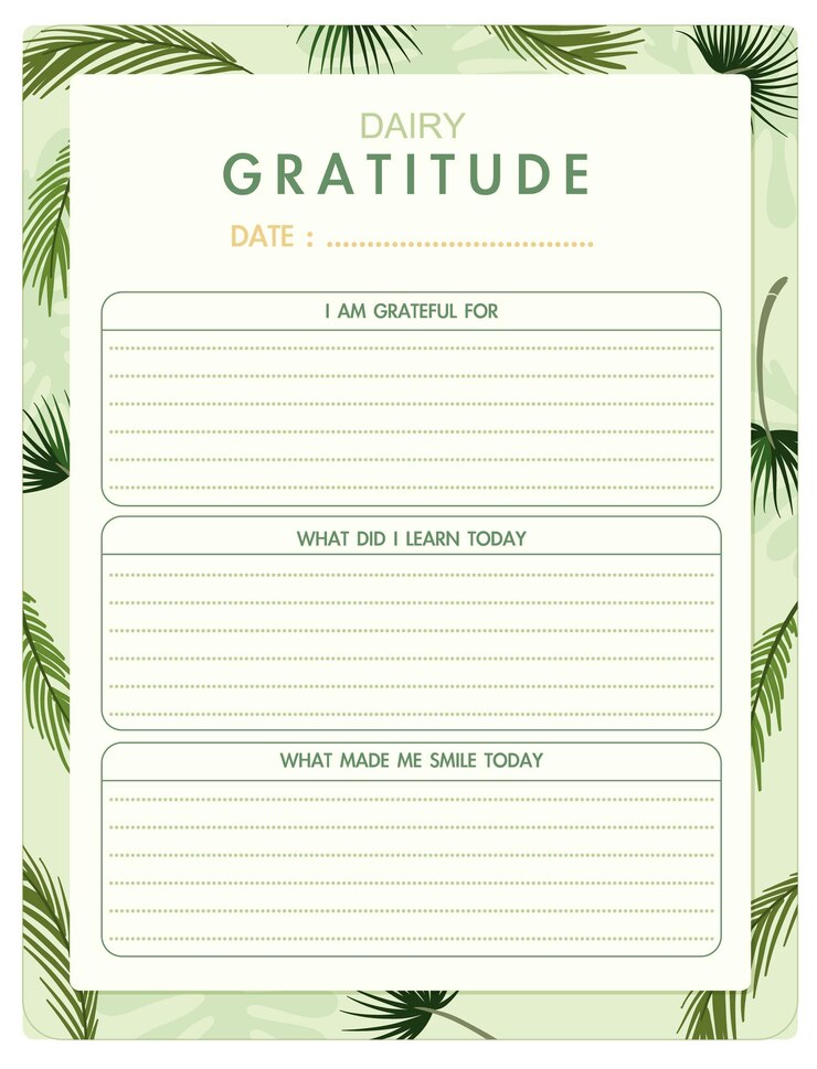 Vector Gratis gratitude diary template with tropical palm leaves