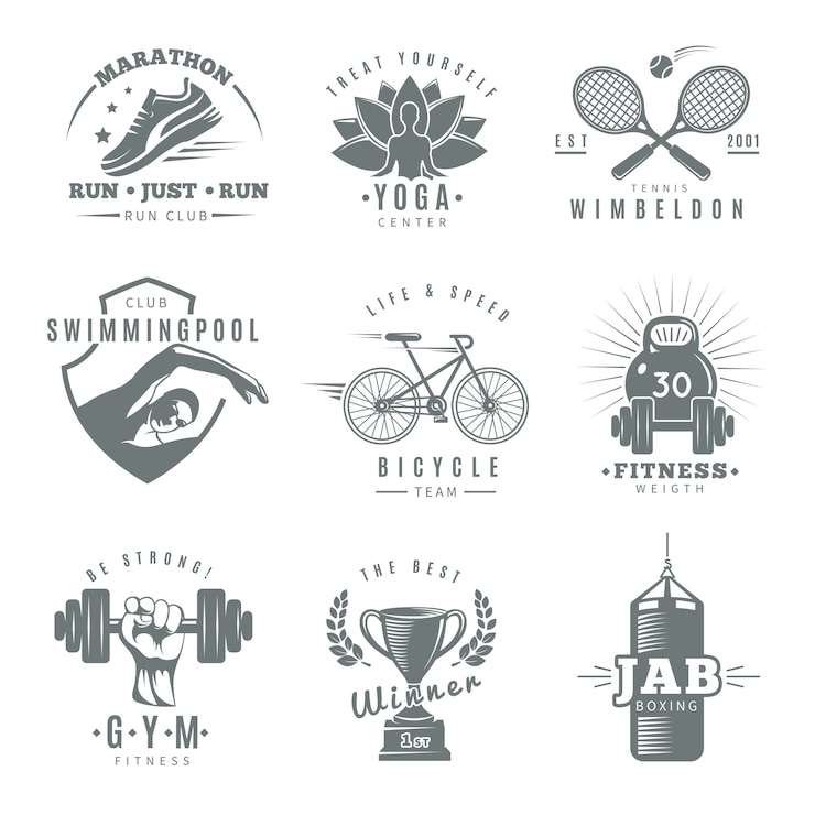 Vector Gratis gray isolated fitness gym logo set with marathon run club tennis wimbledon jab boxing descriptions
