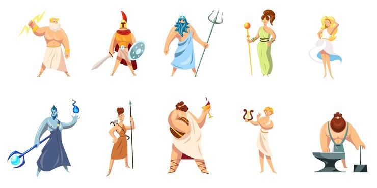 Vector Gratis greek mythology characters collection. athena, hephaestus, ares, poseidon, zeus, dionysus, hephaestus, aphrodite, apollo.
