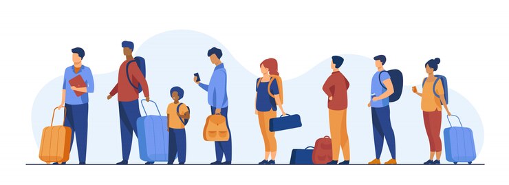 Vector Gratis group of tourist with luggage standing in line