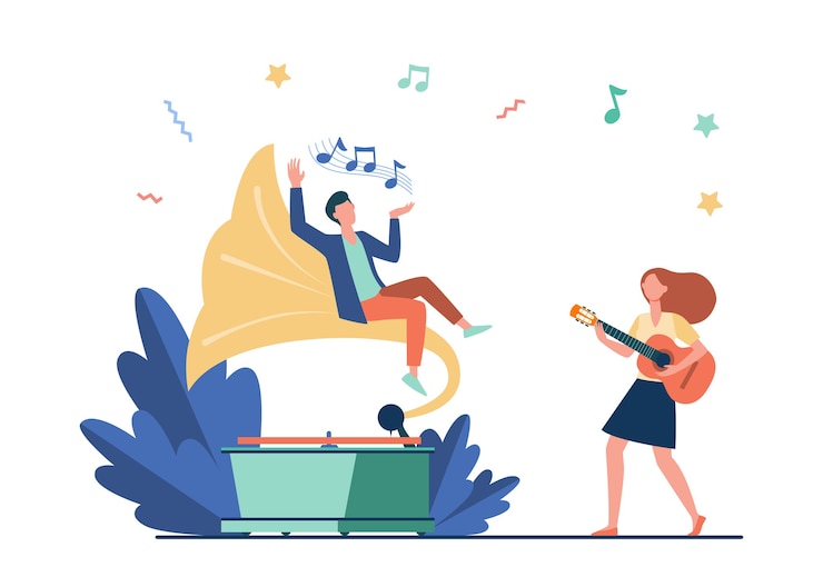 Vector Gratis guy listening to music at retro gramophone. girl playing guitar and singing flat vector illustration. entertainment, performing, leisure concept 