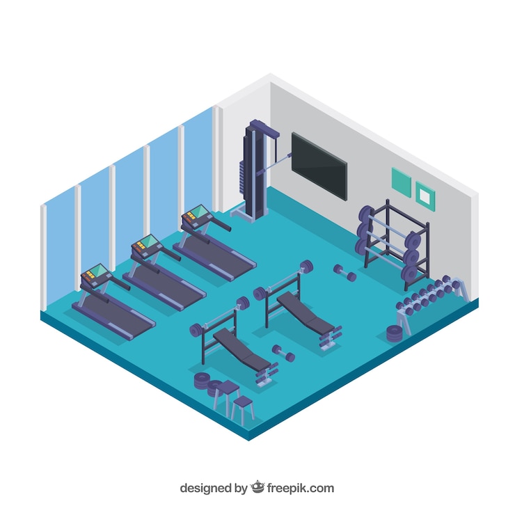 Vector Gratis gym background with exercise machines in isometric style