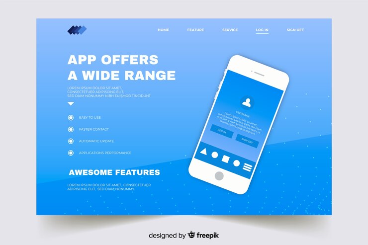 Vector Gratis halaman arahan dengan smartphone pada nuansa biru gradien