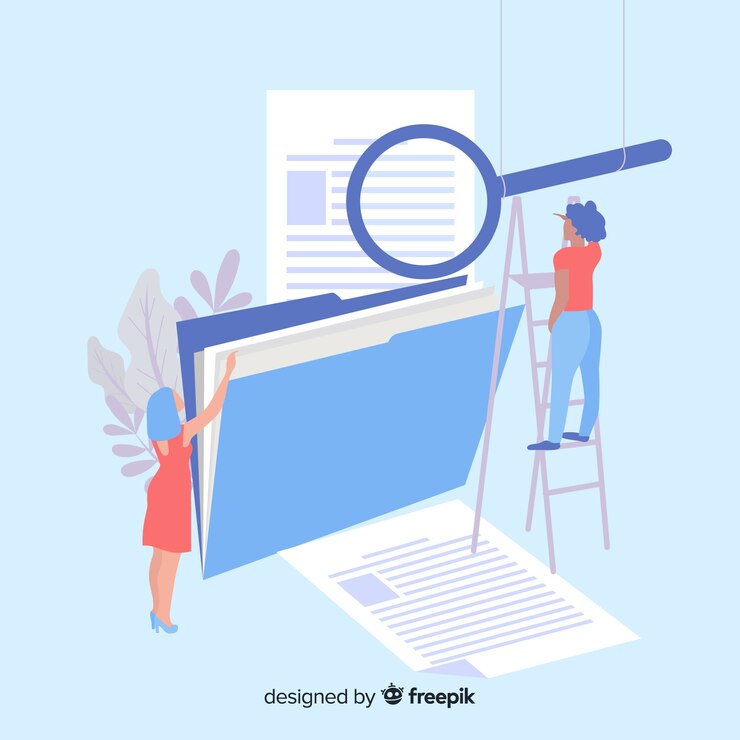 Vector Gratis halaman arahan folder dengan kaca pembesar