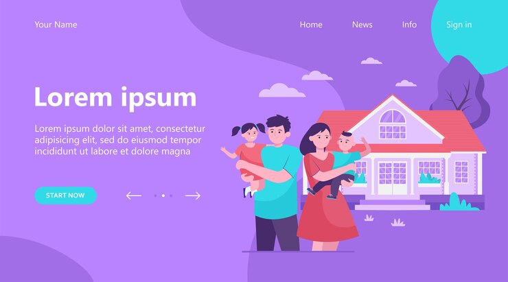 Vector Gratis halaman arahan, ilustrasi vektor datar keluarga muda bahagia berdiri di depan rumah. ibu kartun, ayah, dan anak-anak berada di luar bersama. konsep kebersamaan, cinta, rumah, dan kebahagiaan