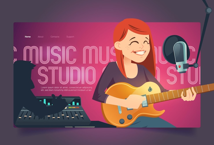 Vector Gratis halaman arahan kartun studio rekaman dengan penyanyi
