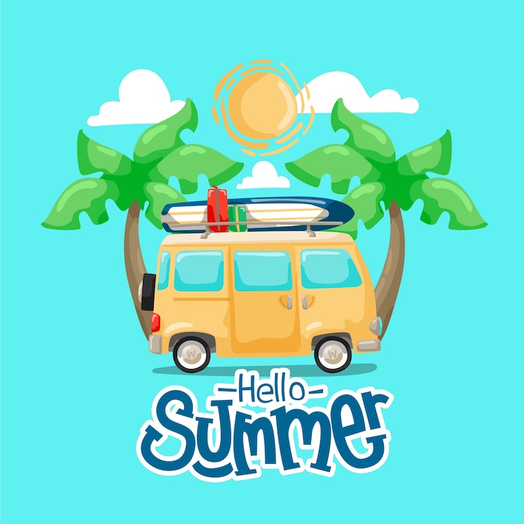 Vector Gratis halo musim panas yang digambar tangan dengan van dan pohon palem