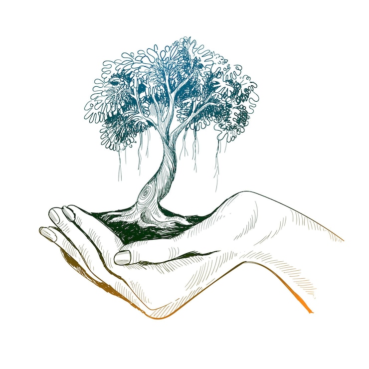 Vector Gratis hand draw girls holding tree earth sketch design
