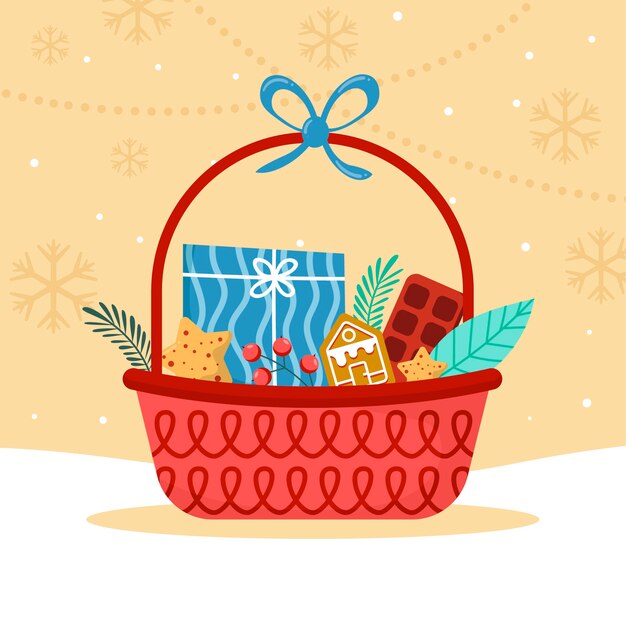 hand drawn flat christmas basket illustration